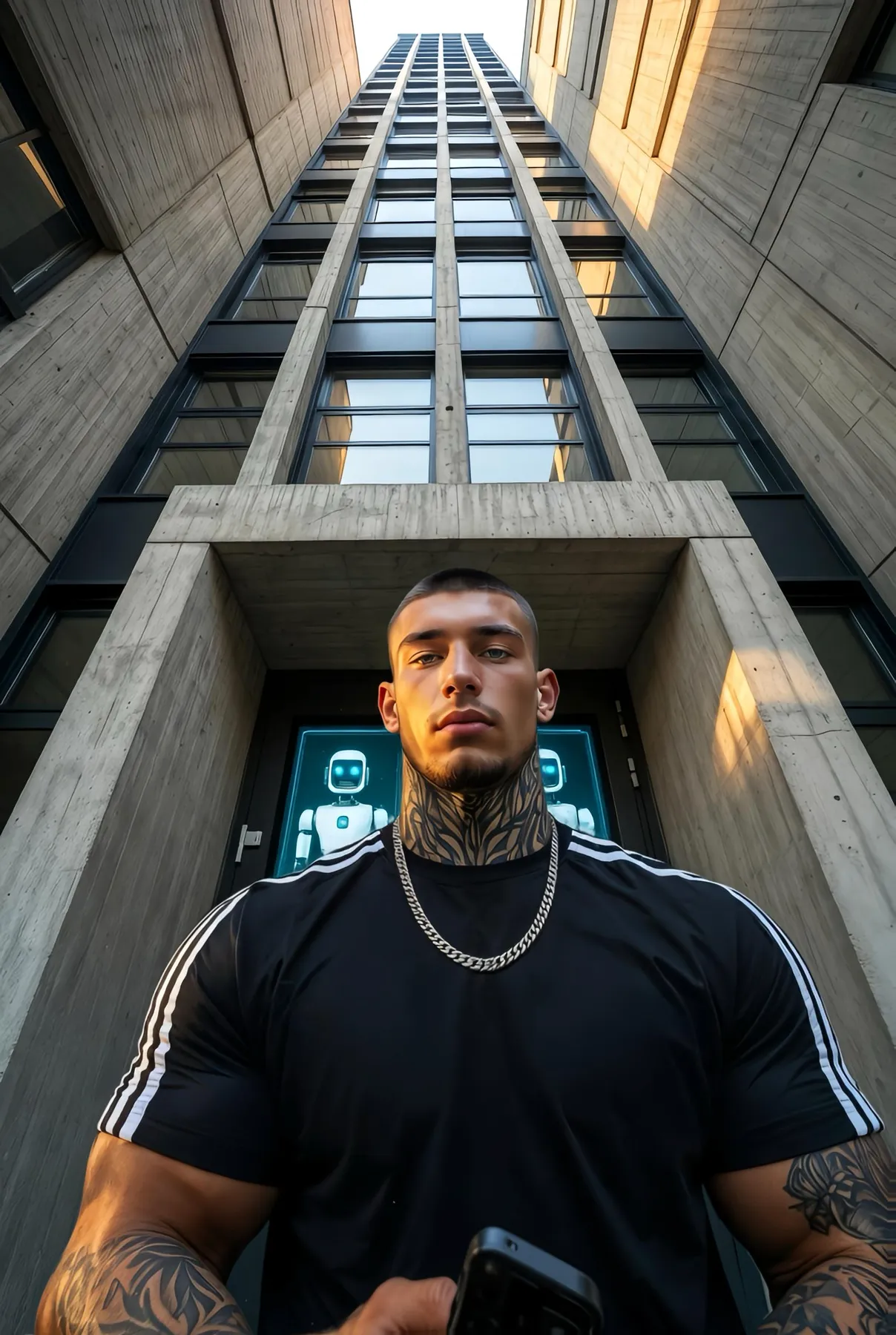 Muscular man in a black t-shirt and chain looking down from the foot of a towering concrete building