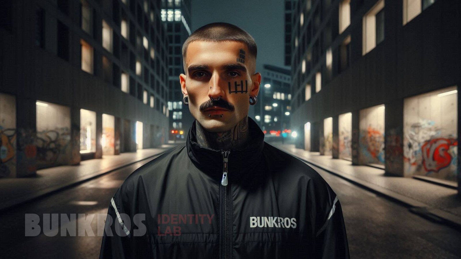 Man with a moustache in a BUNKROS track jacket on an empty city street at night