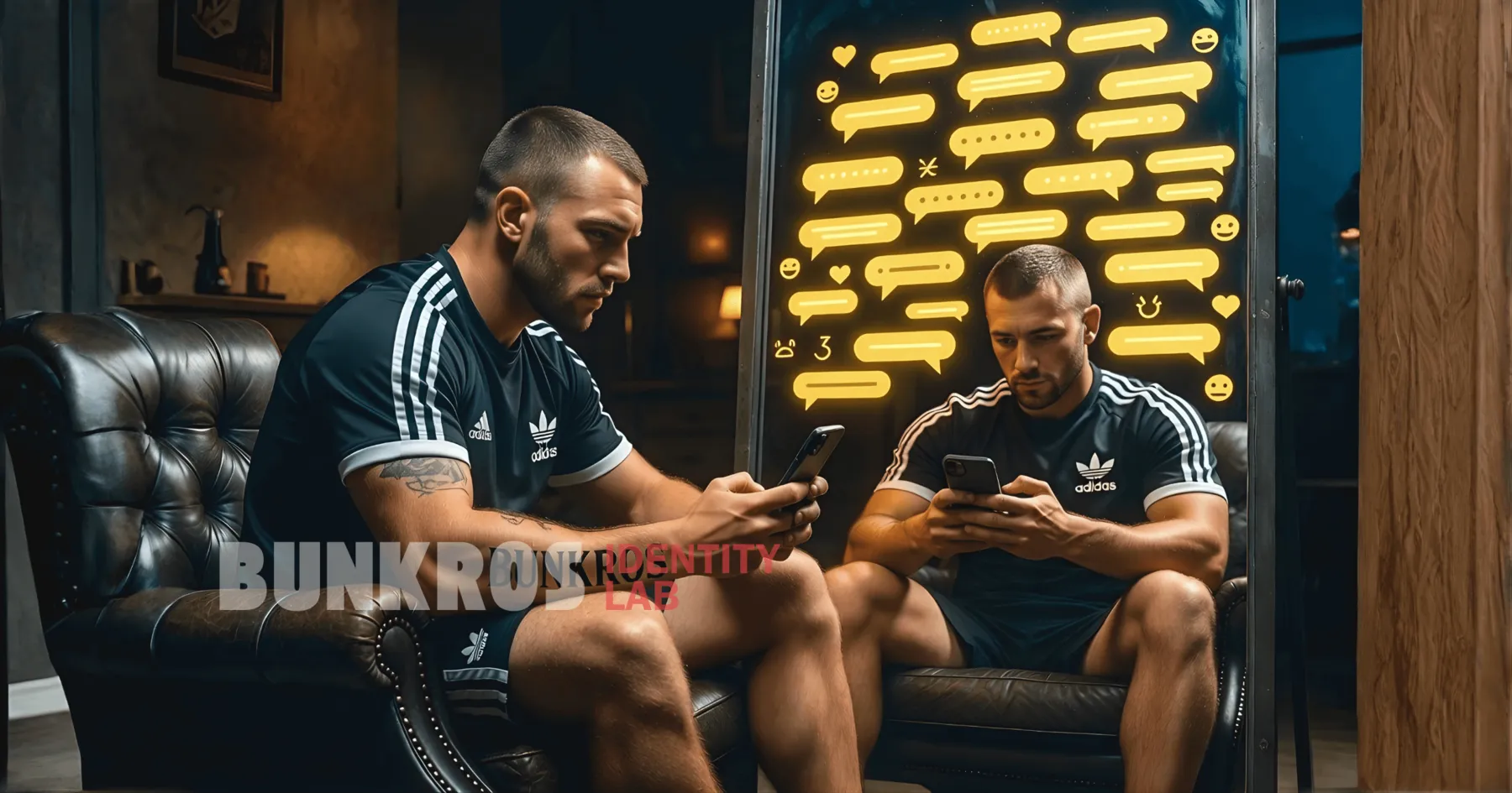 Two men in tracksuits on leather armchairs checking their phones
