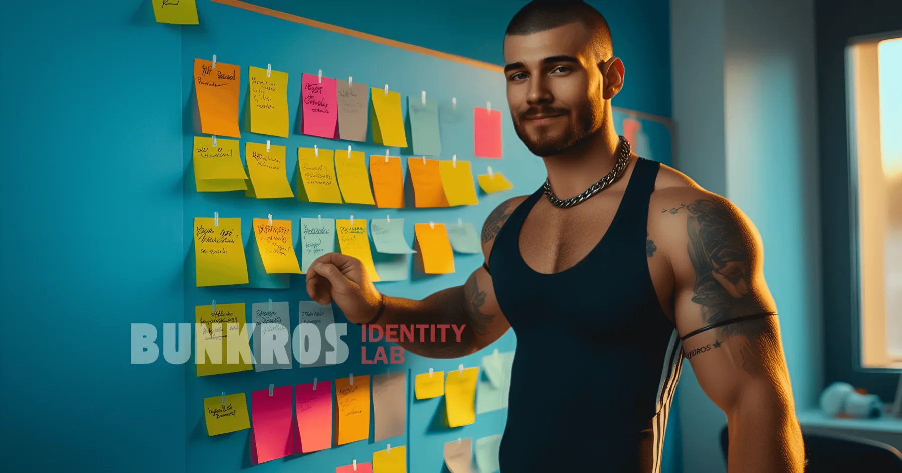 Smiling man in a tank top pointing at a wall full of colourful sticky notes