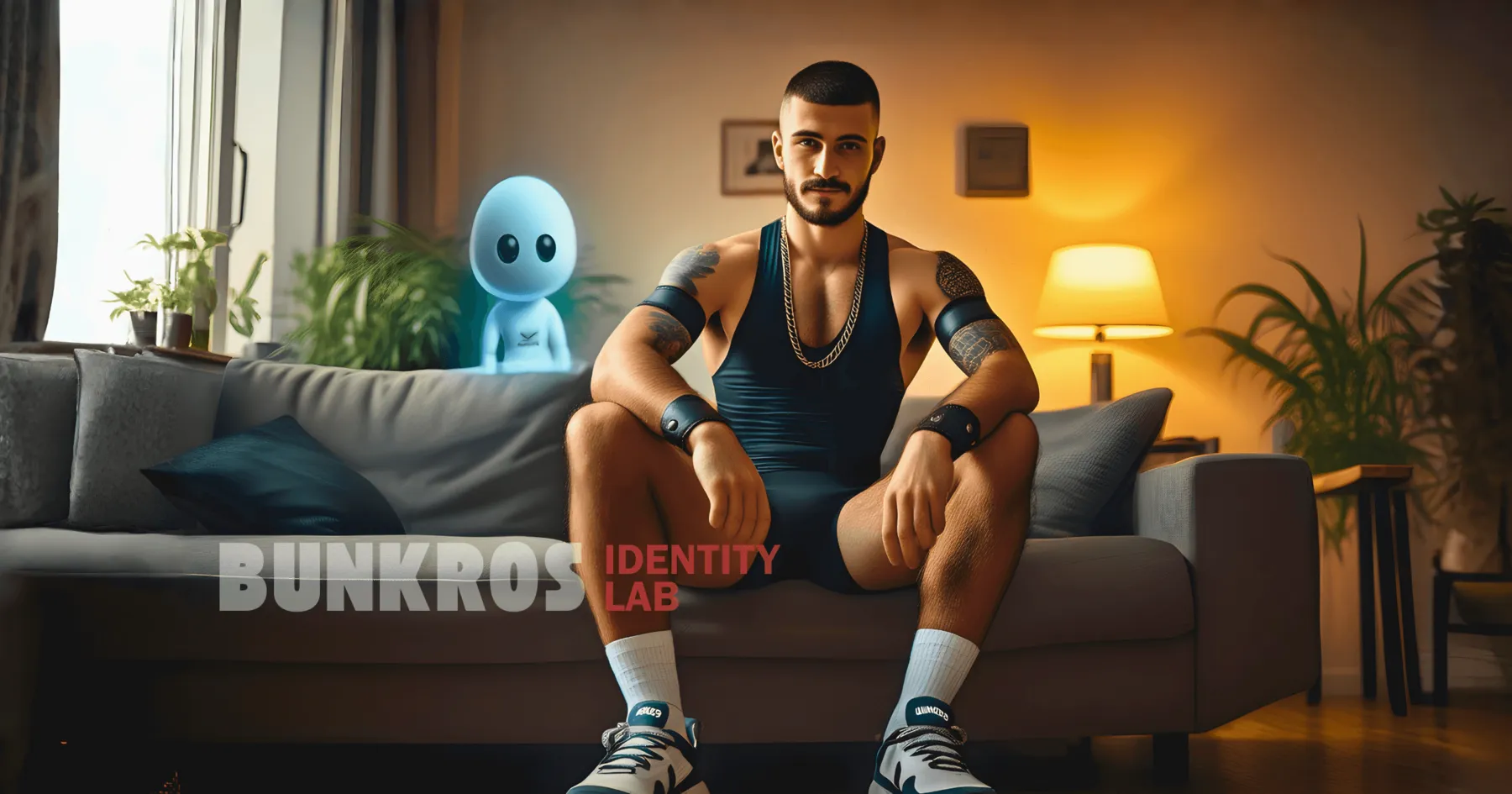 Man on a sofa in a cosy living room next to a small glowing ghost figure