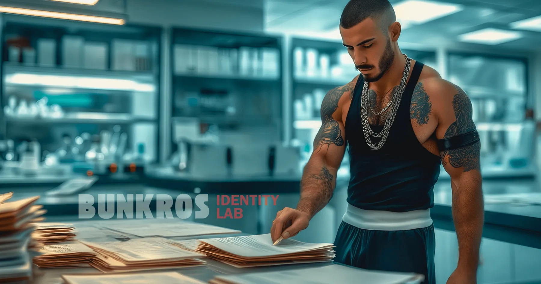 Man in a tank top checking a pile of paper documents in a bright lab