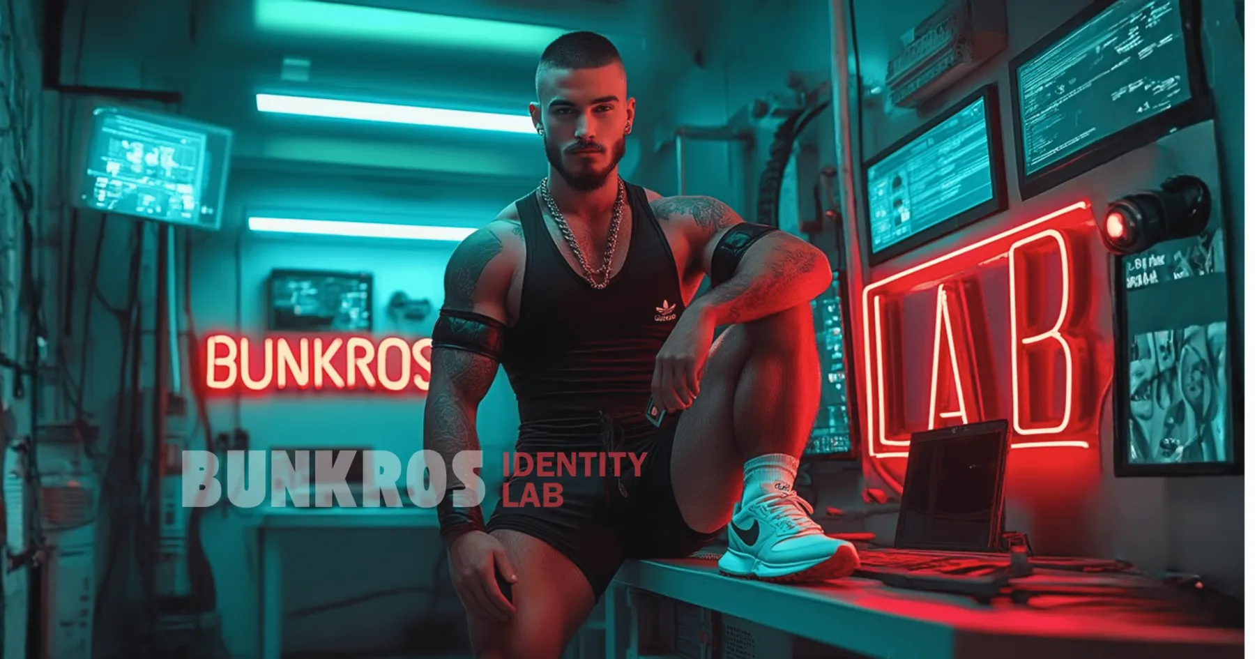 Man in a red-lit room under a neon sign reading LAB
