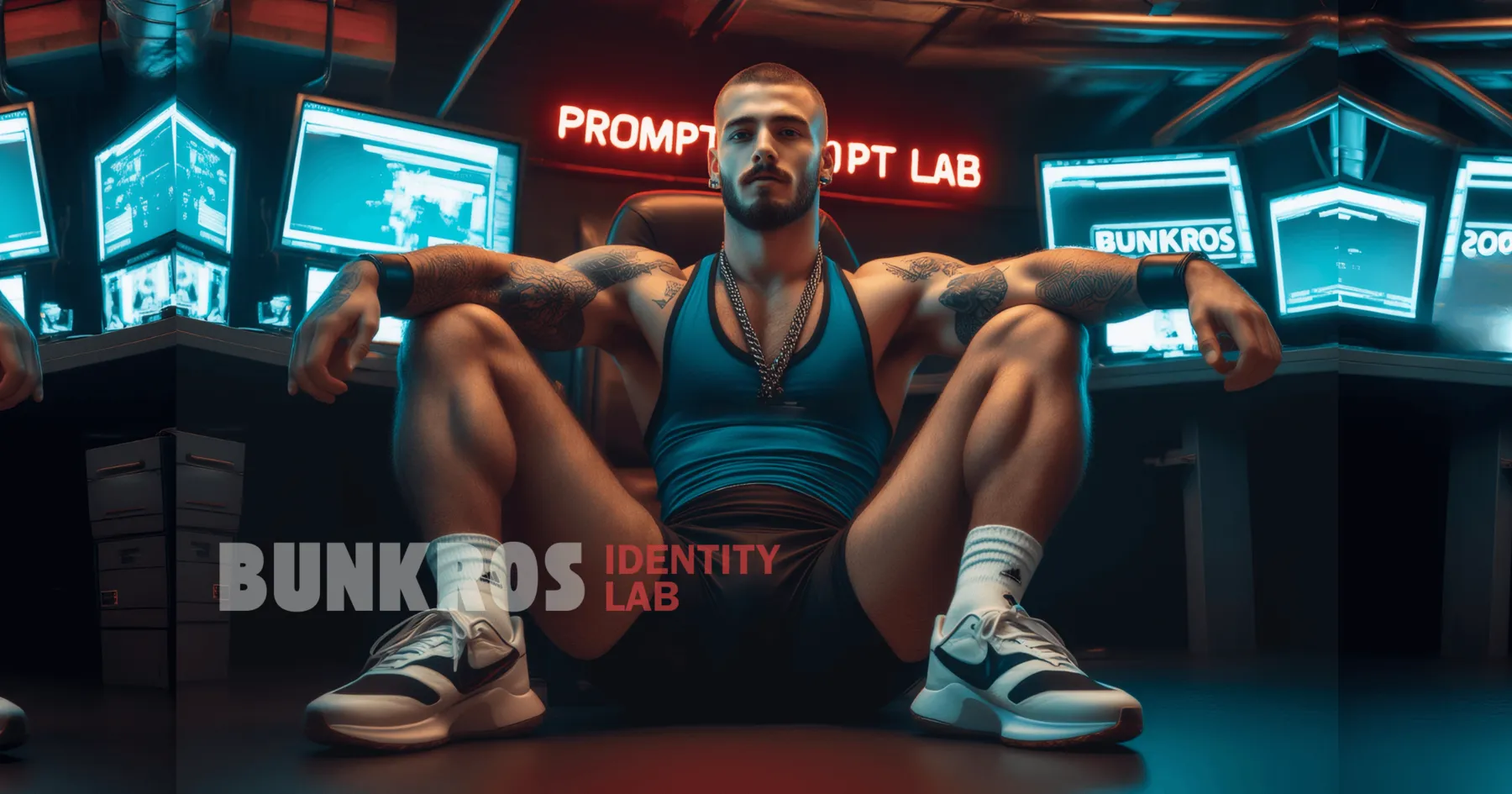 Man sitting on the floor of the BUNKROS Prompt Lab surrounded by glowing screens