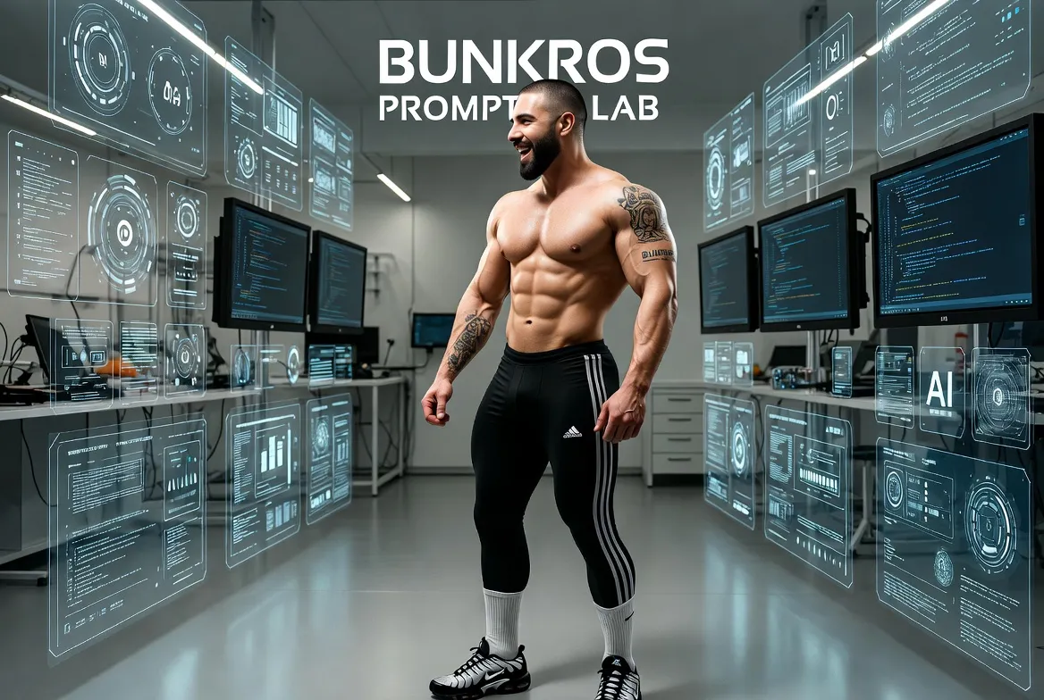 Shirtless man in running tights laughing in a lab full of floating holographic screens