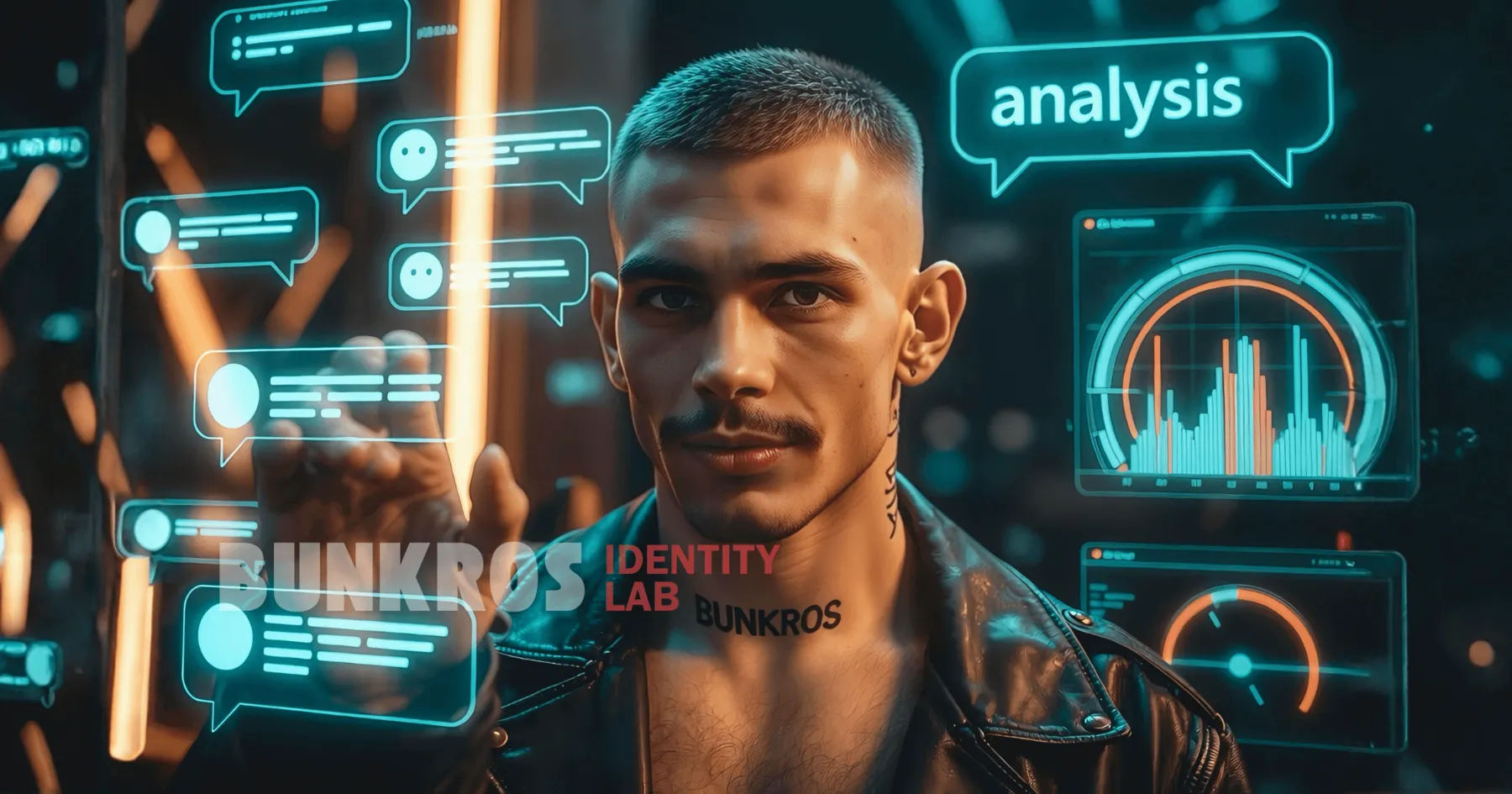 Man surrounded by holographic data panels labelled analysis