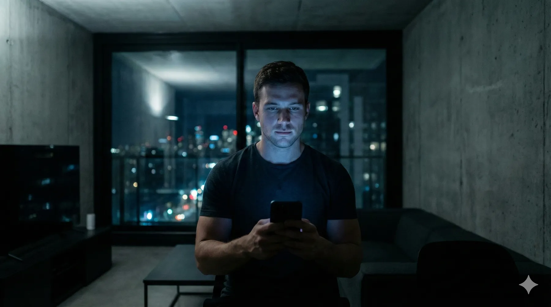 Man lit by his phone screen in a dark apartment above a city at night