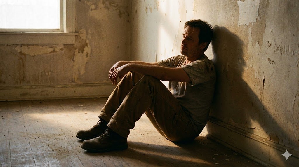 Man sitting alone against a bare wall in a sunlit empty room