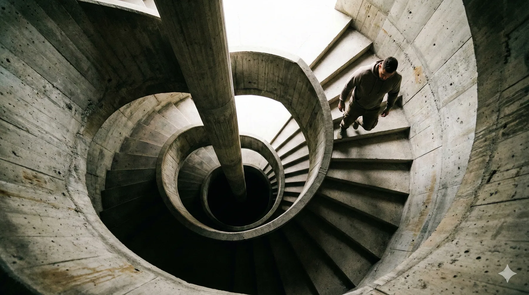 Concrete spiral staircase seen from above with a figure climbing