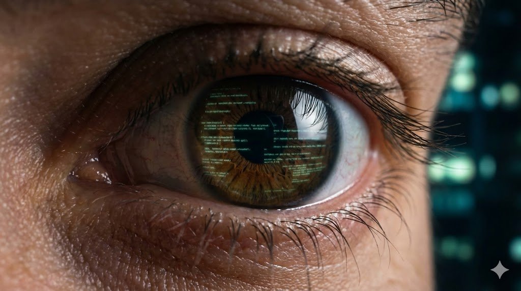 Extreme close-up of an eye with lines of code reflected in the iris