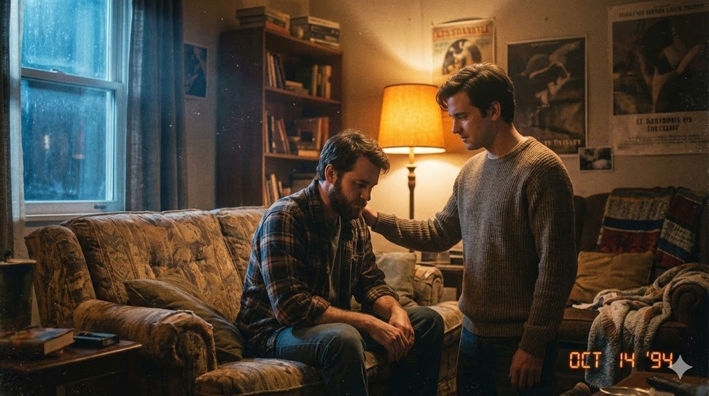 Two men talking in a cosy living room full of books and records