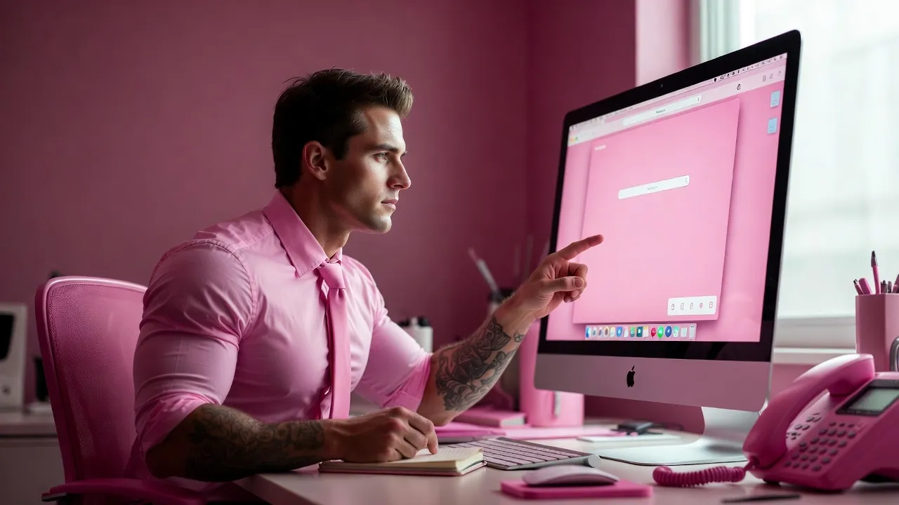 Man in a pink shirt pointing at a search screen in an all-pink office